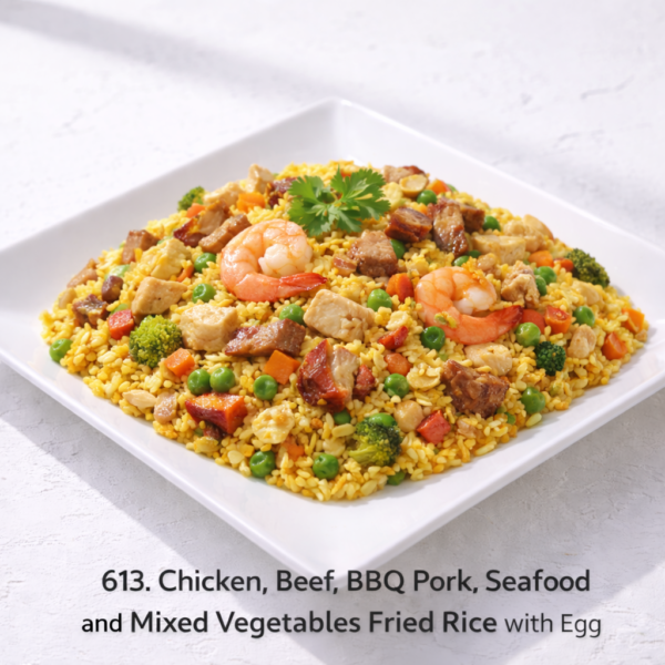 613. Chicken, Beef, BBQ Pork, Seafood and Mixed Vegetables Fried Rice with Egg