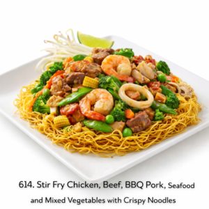614. Stir Fry Chicken, Beef, BBQ Pork, Seafood and Mixed Vegetables with