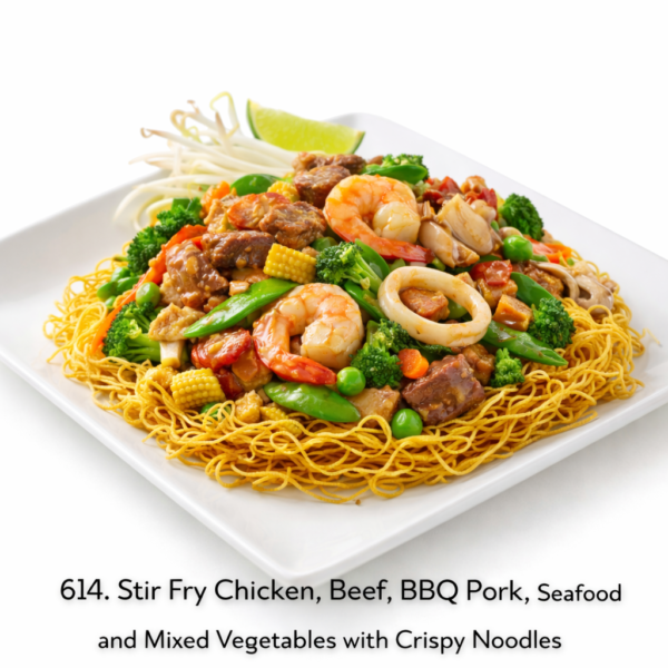 614. Stir Fry Chicken, Beef, BBQ Pork, Seafood and Mixed Vegetables with